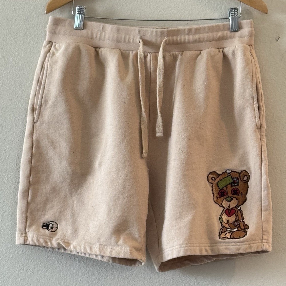 Sniper Gang Heartless Teddy Bear‎ Embroidered Fleece Shorts Cream Mens Medium